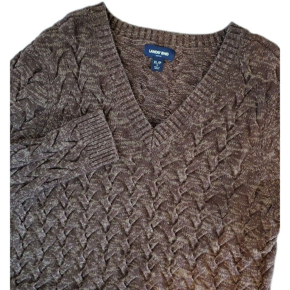Lands' End Women's Sz XL 100% Cotton Drifter Brown Braided Cable Knit Sweater